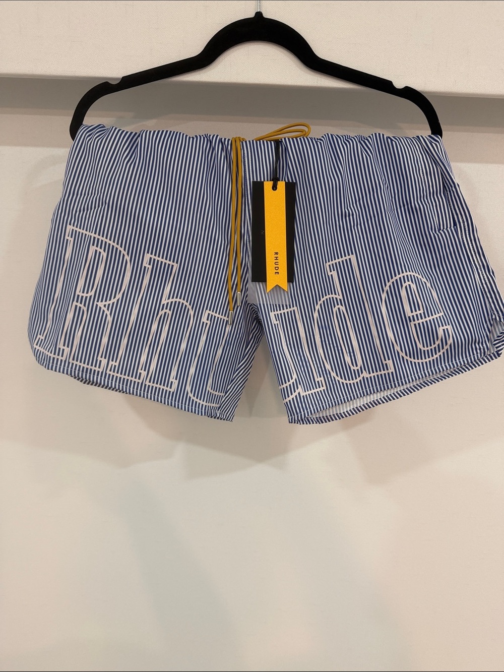 Rhude Blue & White Striped Logo Drawstring Swim Shorts